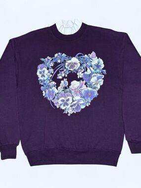 Vintage 90s Jerzees Purple Floral Heart Mock Neck Sweatshirt USA M Grannycore